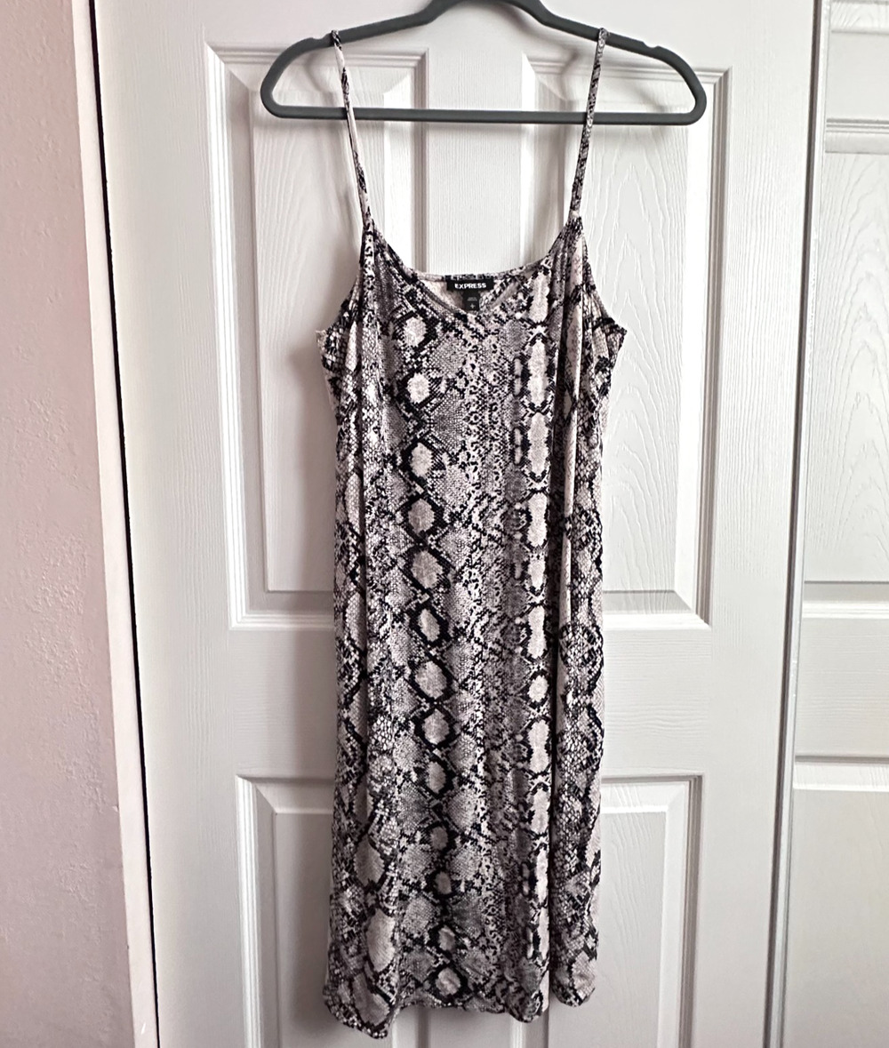 Express LRG Black & Cream Snake Print Slinky Spaghetti Strap Midi Slip Dress Y2K